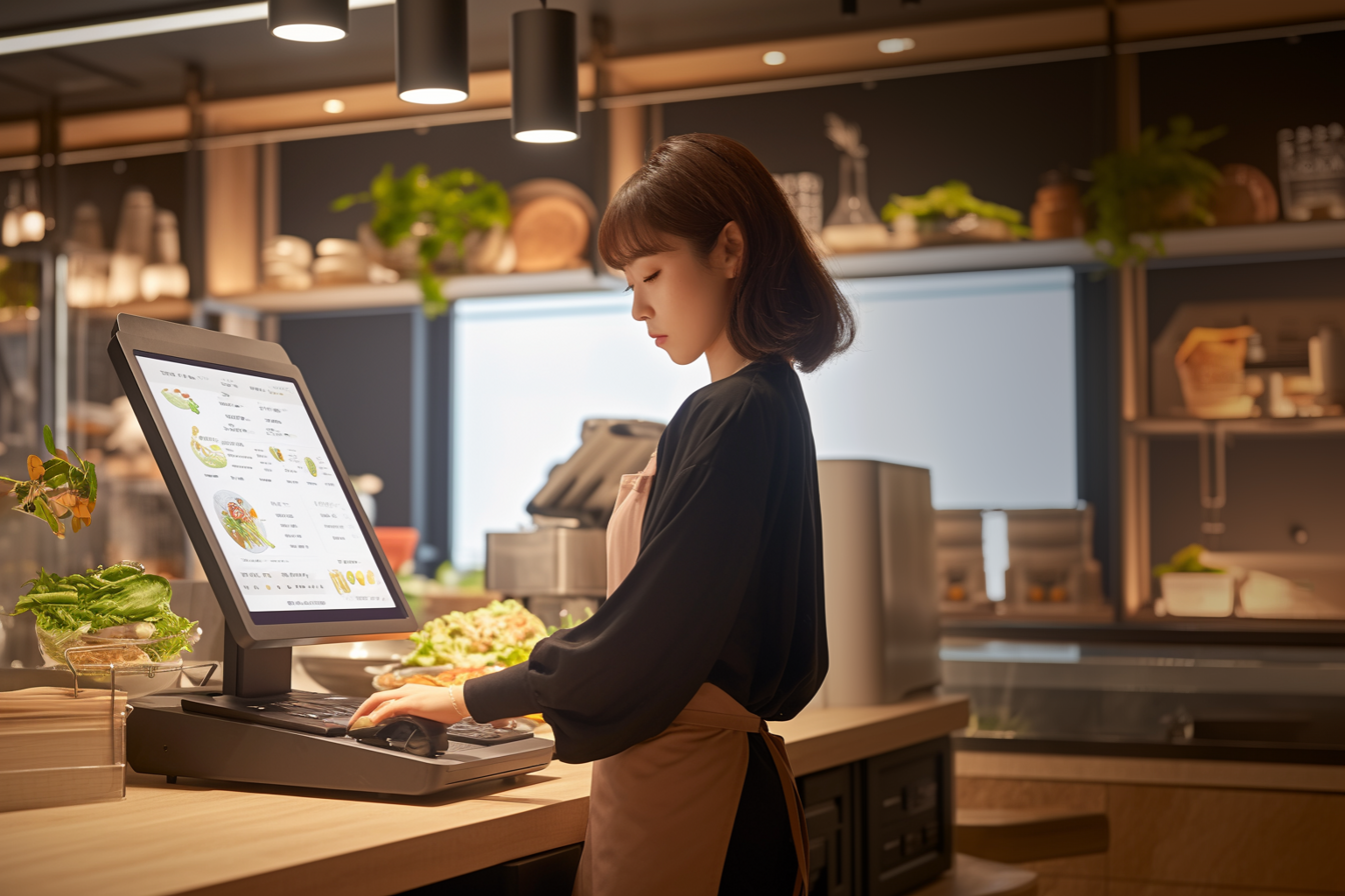 iris031864_A_lady_stands_at_the_front_desk_holding_an_ordering__28a98c76-b701-4183-9b10-690a81b2a960