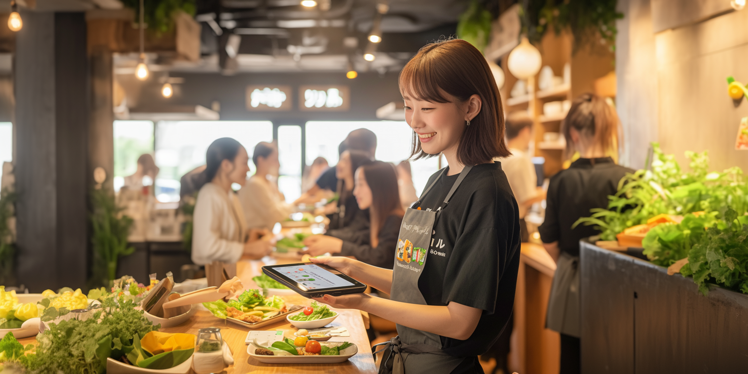 iris031864_An_Asian_female_restaurant_waiter_holding_a_mobile_o_3bda993b-af9f-4dc5-b2aa-7175c49e7810