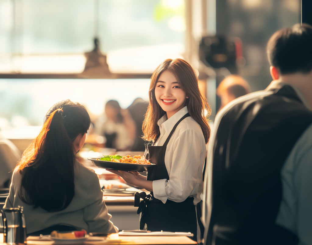 iris031864_An_Asian_female_waiter_in_the_restaurant_is_serving__0be7732d-ca6a-4efe-823b-926f8986e78d